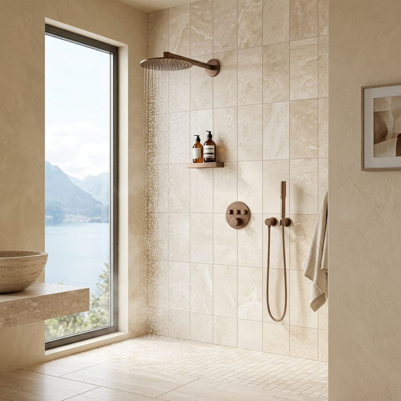 Ivory / Light Travertine 6x12 Cream Filled & Honed Tile — Bathroom shower wall