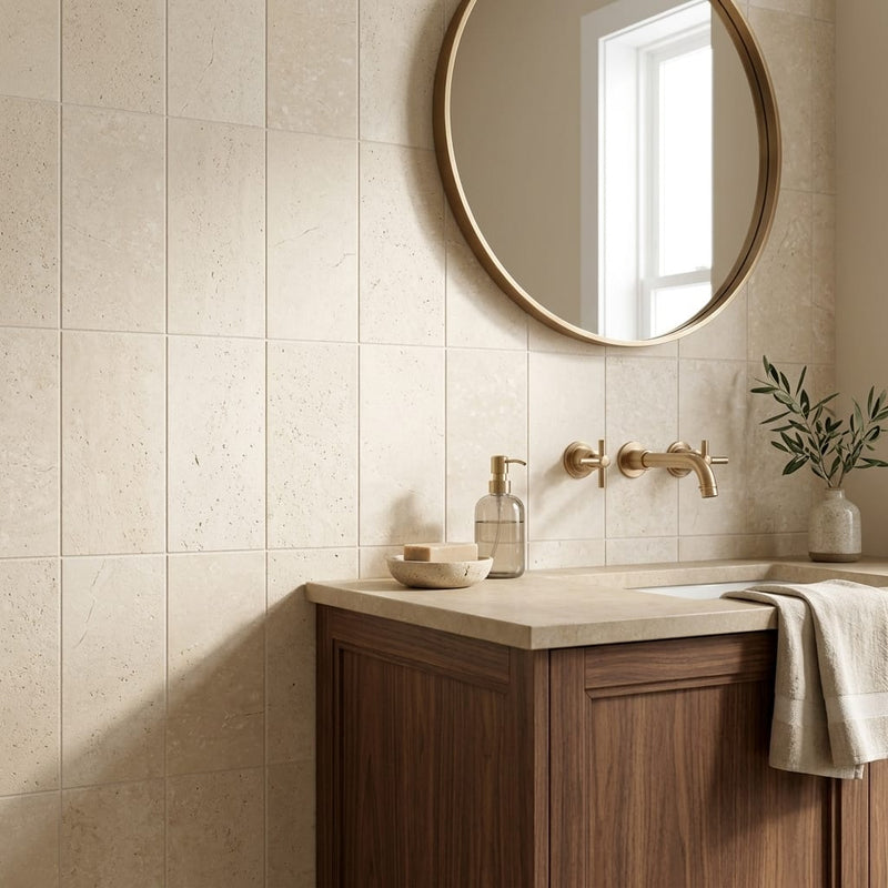 Ivory / Light Travertine 6x12 Cream Filled & Honed Tile — Bathroom wall