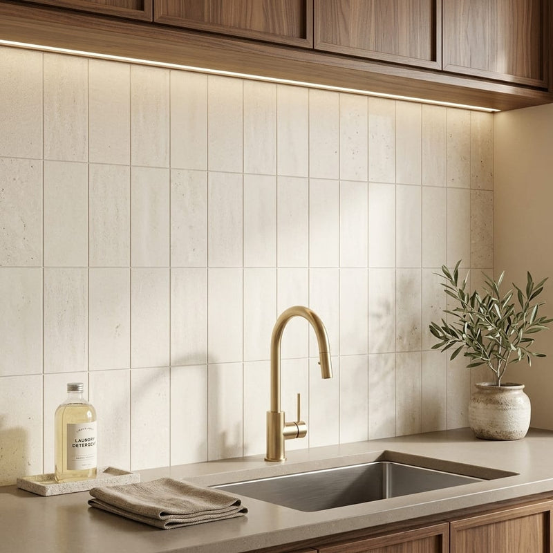 Ivory / Light Travertine 6x12 Cream Filled & Honed Tile — Laundry Room backsplash