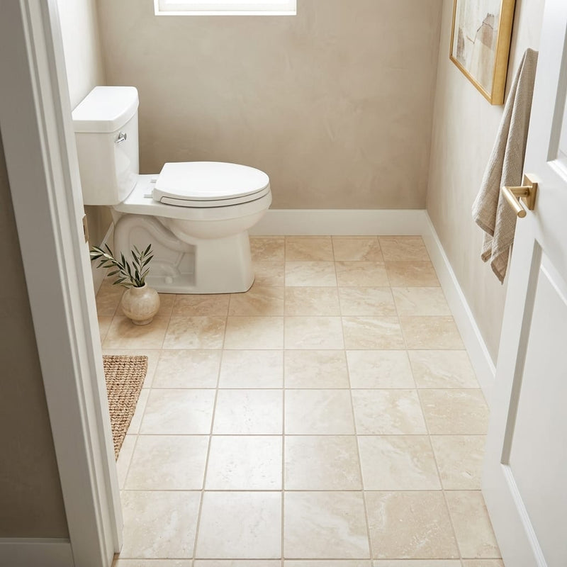 Ivory / Light Travertine 6x6 Cream Filled & Honed Tile — Bathroom floor