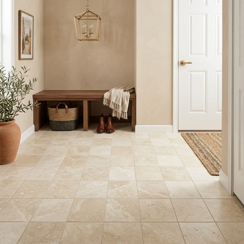 Ivory / Light Travertine 6x6 Cream Filled & Honed Tile — Mudroom floor