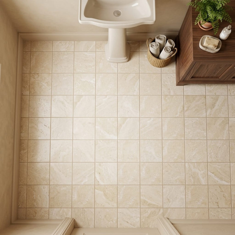 Ivory / Light Travertine 6x6 Cream Filled & Honed Tile — Powder Room floor