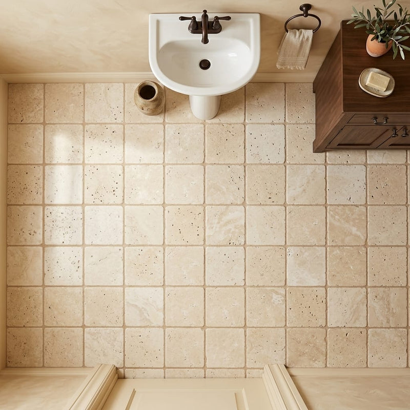 Ivory / Light Travertine 6x6 Cream Tumbled Tile — Powder Room floor