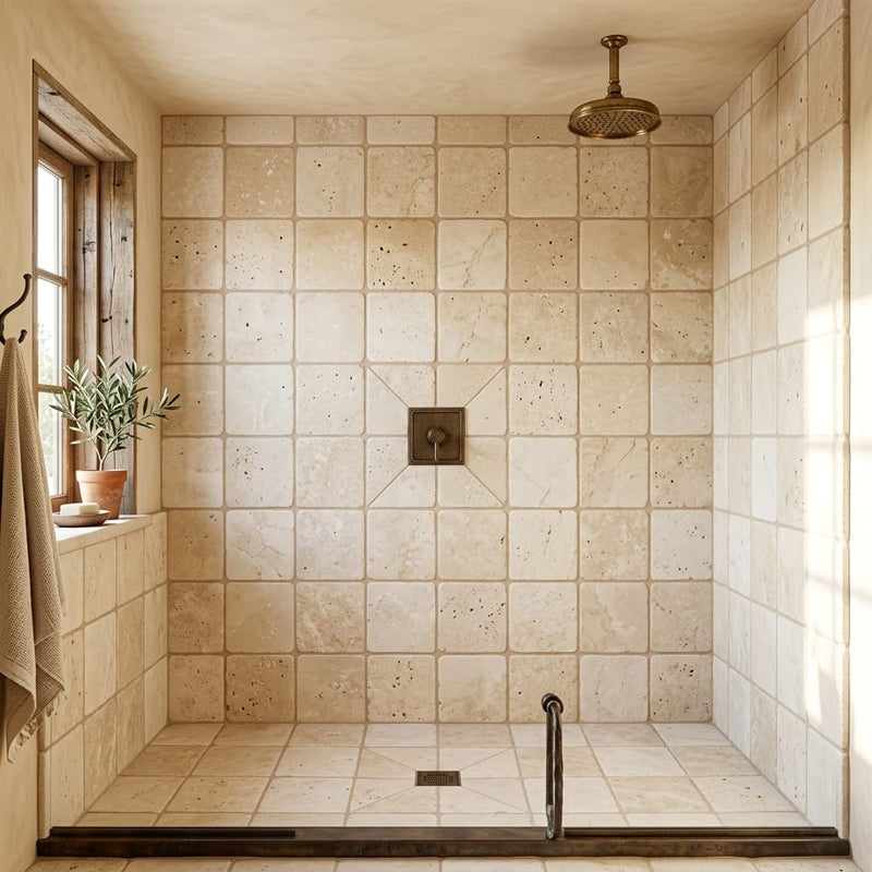Ivory / Light Travertine 8x8 Cream Tumbled Tile — Bathroom shower floor