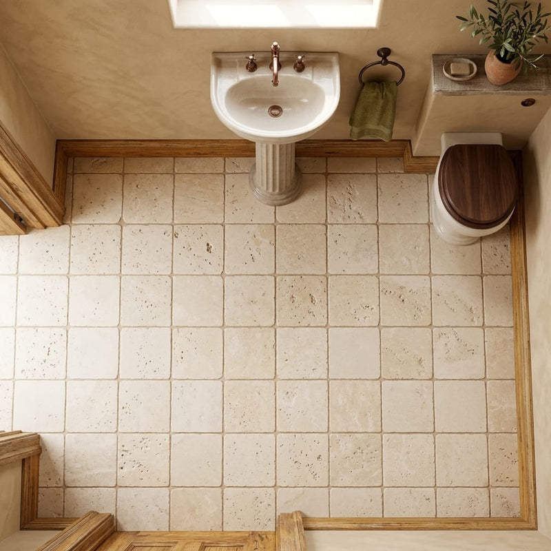 Ivory / Light Travertine 8x8 Cream Tumbled Tile — Powder Room floor