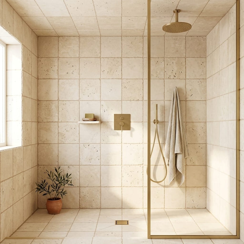 Ivory / Light Travertine 8x8 Cream Unfilled, Brushed & Chiseled Tile — Bathroom shower floor