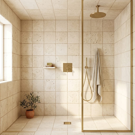 Ivory / Light Travertine 8x8 Cream Unfilled, Brushed & Chiseled Tile — Bathroom shower floor