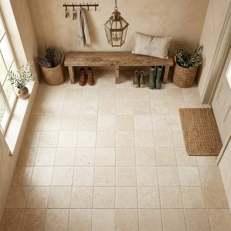 Ivory / Light Travertine 8x8 Cream Unfilled, Brushed & Chiseled Tile — Mudroom floor