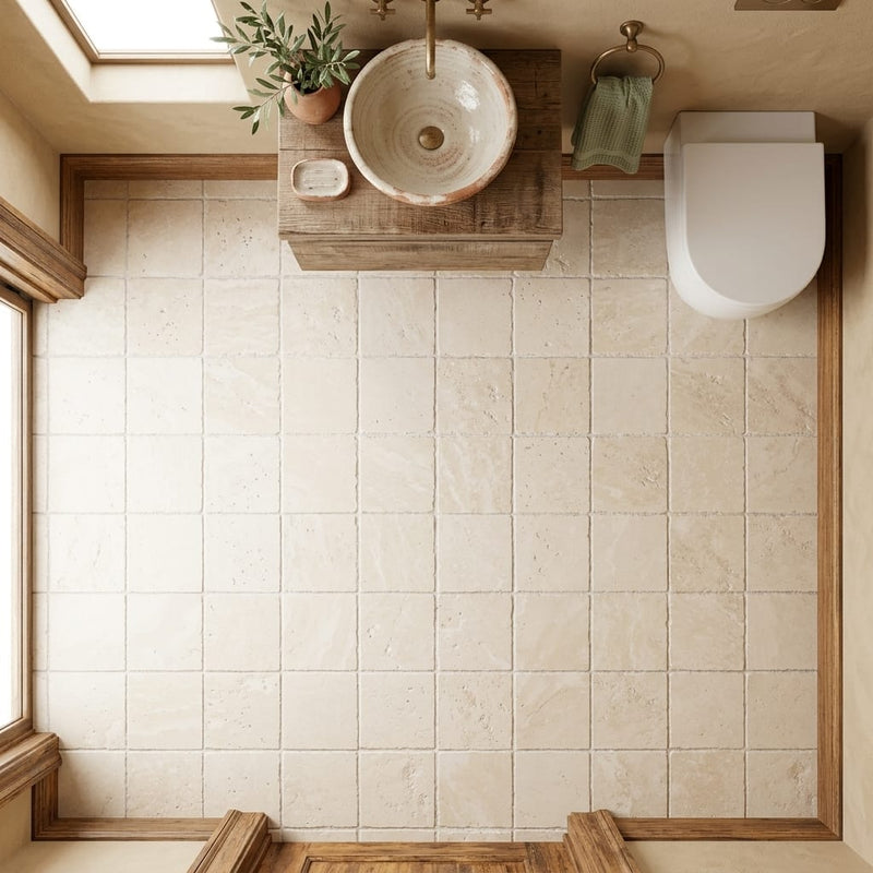 Ivory / Light Travertine 8x8 Cream Unfilled, Brushed & Chiseled Tile — Powder Room floor