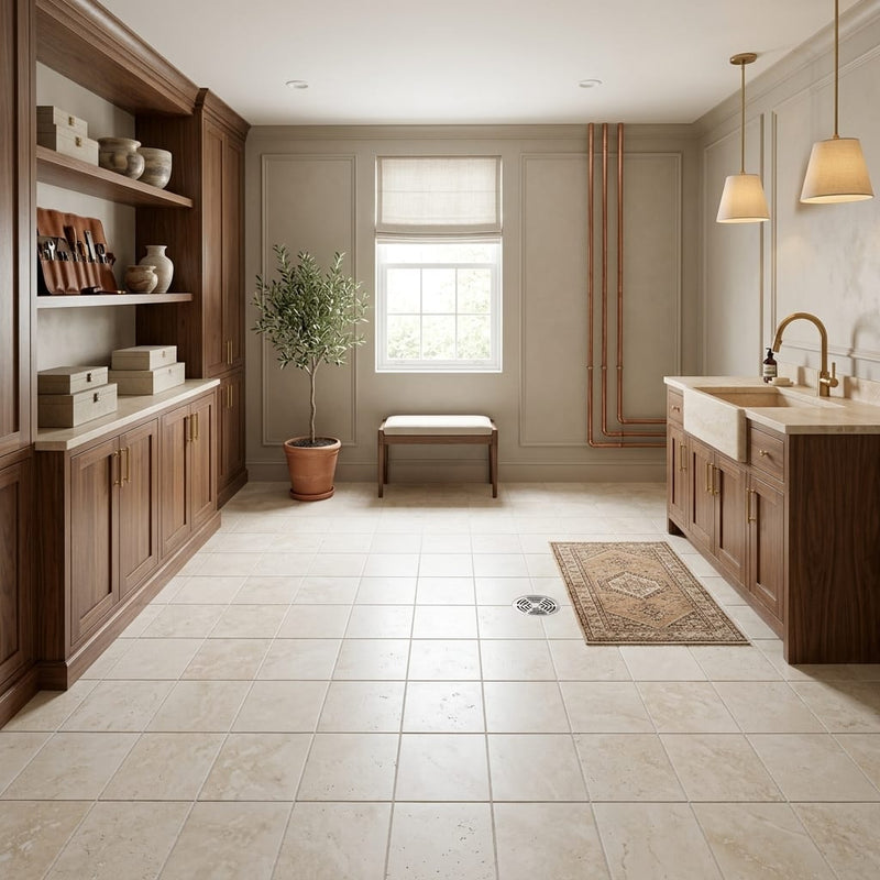 Ivory / Light Travertine 9x9 Cream Honed Shelf tile — Basement floor