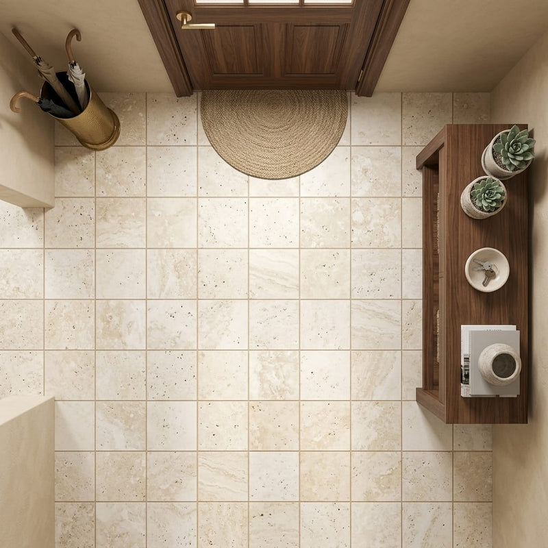 Ivory / Light Travertine 9x9 Cream Honed Shelf tile — Foyer floor