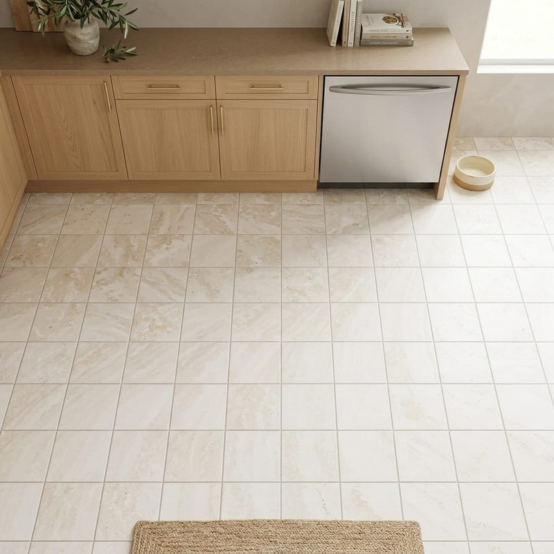 Ivory / Light Travertine 9x9 Cream Honed Shelf tile — Kitchen floor