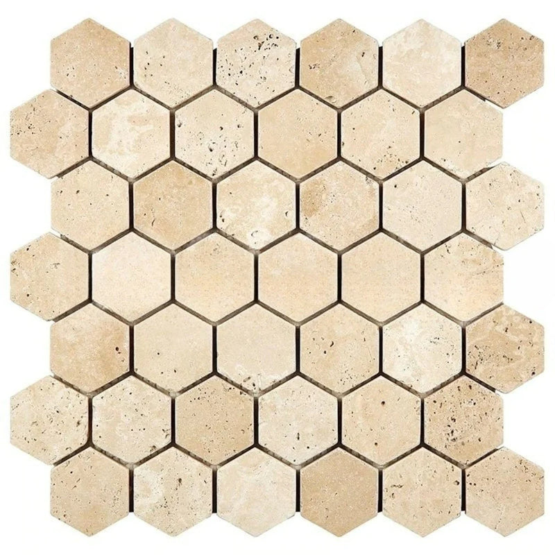 Ivory Cordoba Cream Travertine Filled & Honed 2 x 2 Hexagon Mosaic