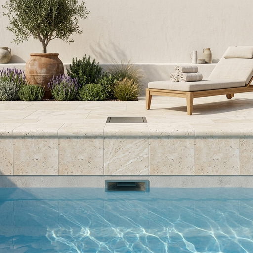 Ivory Travertine Coping 12x12 Bullnose 5 cm pool coping — Swimming Pool remodel pool edge