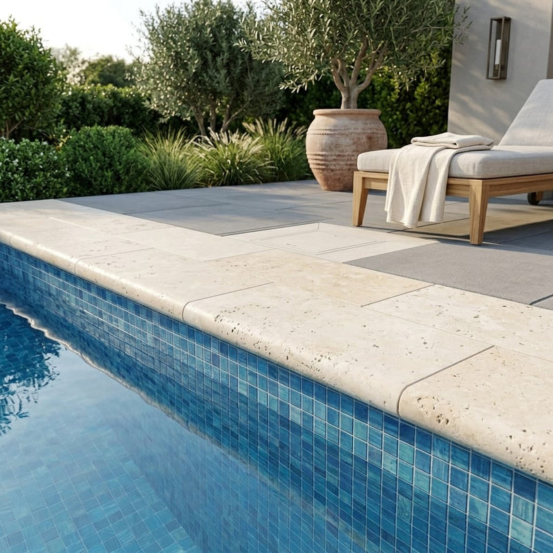 Ivory Travertine Coping 12x24 Bullnose 5 cm pool coping — Swimming Pool remodel pool edge