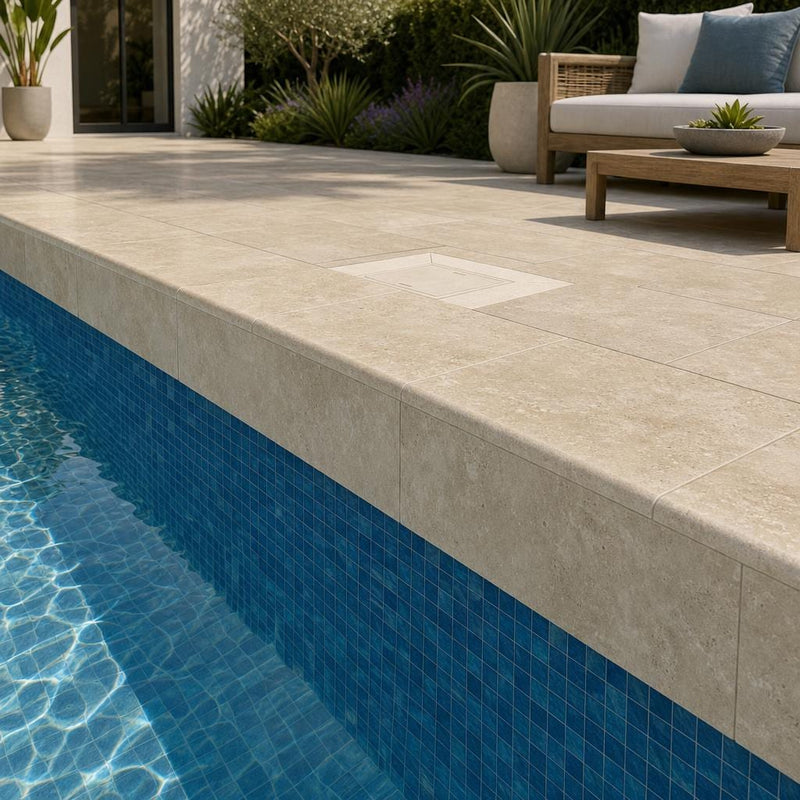 Ivory Travertine Coping 12x24 Eased 5 cm pool coping — Swimming Pool remodel pool edge