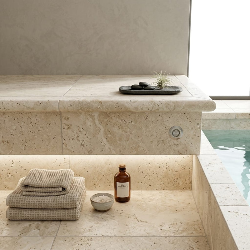 Ivory Travertine Coping 12x24 Tumbled Bullnose 3 cm pool coping — Spa spa overhang edge