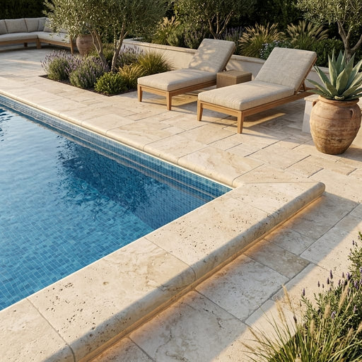 Ivory Travertine Coping 12x24 Tumbled Bullnose 3 cm pool coping — Swimming Pool pool edge drop-face coping