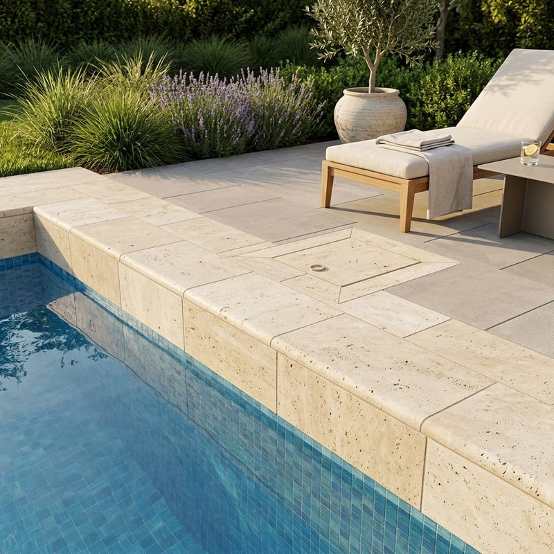 Ivory Travertine Coping 12x24 Tumbled Bullnose 3 cm pool coping — Swimming Pool remodel pool edge