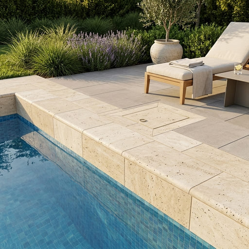Ivory Travertine Coping 12x24 Tumbled Bullnose 3 cm pool coping — Swimming Pool remodel pool edge