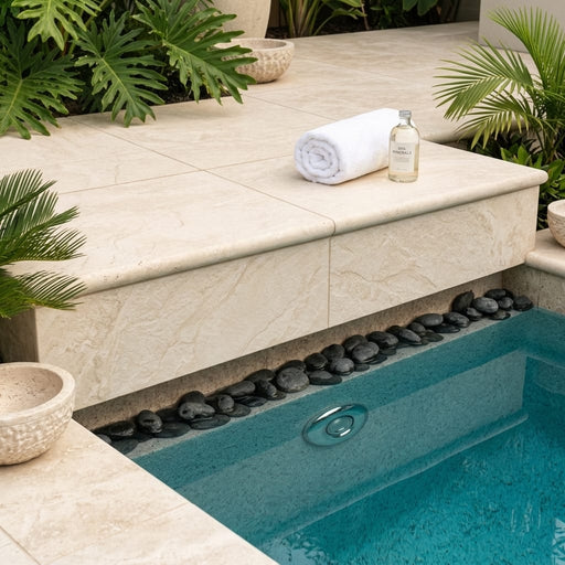 Ivory Travertine Coping 16x24 Bullnose 5 cm pool coping — Spa spa overhang edge
