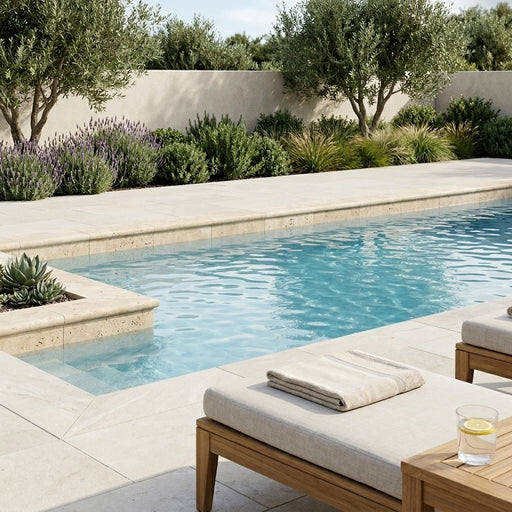 Ivory Travertine Coping 16x24 Bullnose 5 cm pool coping — Swimming Pool remodel pool edge