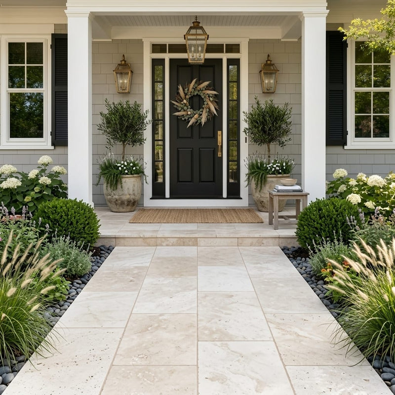 Ivory Travertine Paver 16x24 Tumbled 1.25 inch — Front Yard front porch