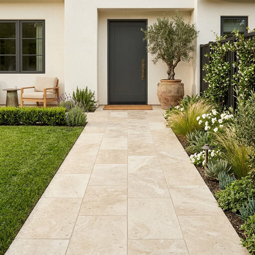 Ivory Travertine Paver 16x24 Tumbled 1.25 inch — Front Yard walkway