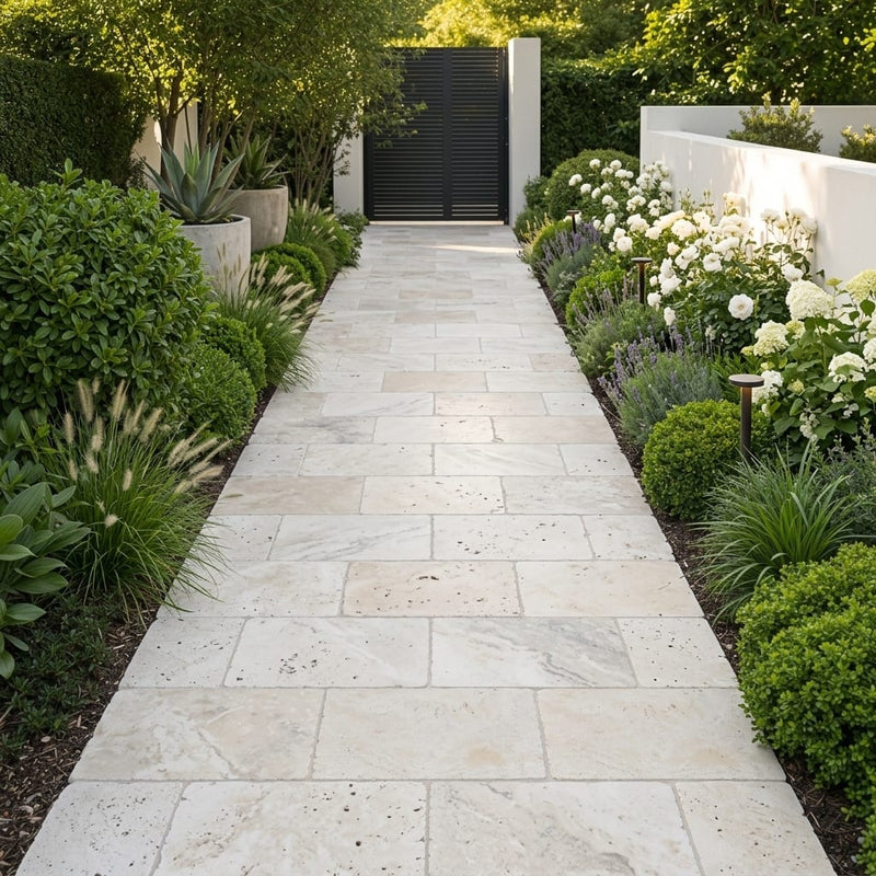 Ivory Travertine Paver 16x24 Tumbled 1.25 inch — Garden path