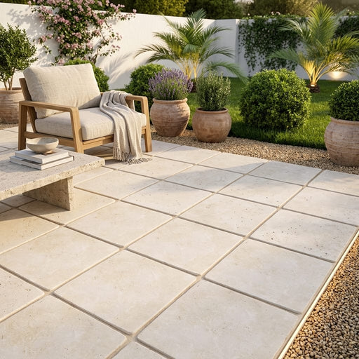 Ivory Travertine Paver 24x24 Tumbled 1.25 inch — Backyard patio