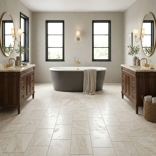 Ivory Travertine Tile 12x24 Honed, Filled — Bathroom floor