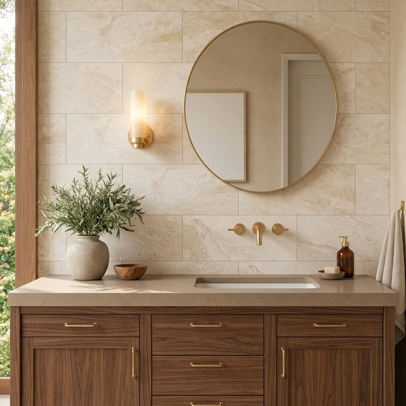 Ivory Travertine Tile 12x24 Honed, Filled — Bathroom vanity wall