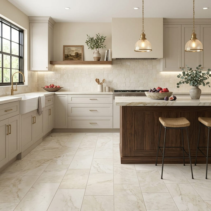 Ivory Travertine Tile 12x24 Honed, Filled — Kitchen floor
