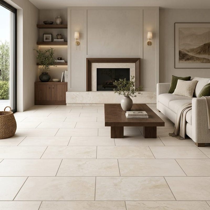 Ivory Travertine Tile 12x24 Honed, Filled — Living Room floor