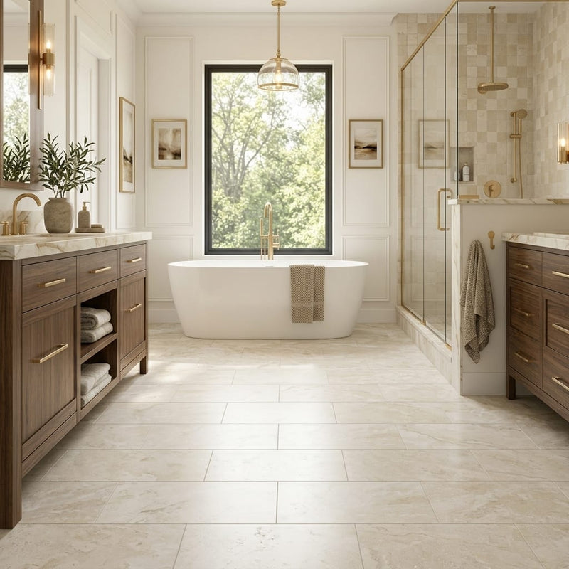 Ivory Travertine Tile 12x24 Honed, Filled — Primary Bath floor