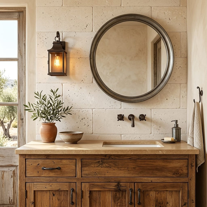 Ivory Travertine Tile 12x24 Tumbled — Bathroom vanity wall