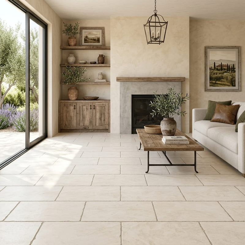 Ivory Travertine Tile 12x24 Tumbled — Living Room floor