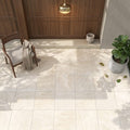 Ivory Travertine Tile 16x16 Honed, Filled — Covered Patio floor
