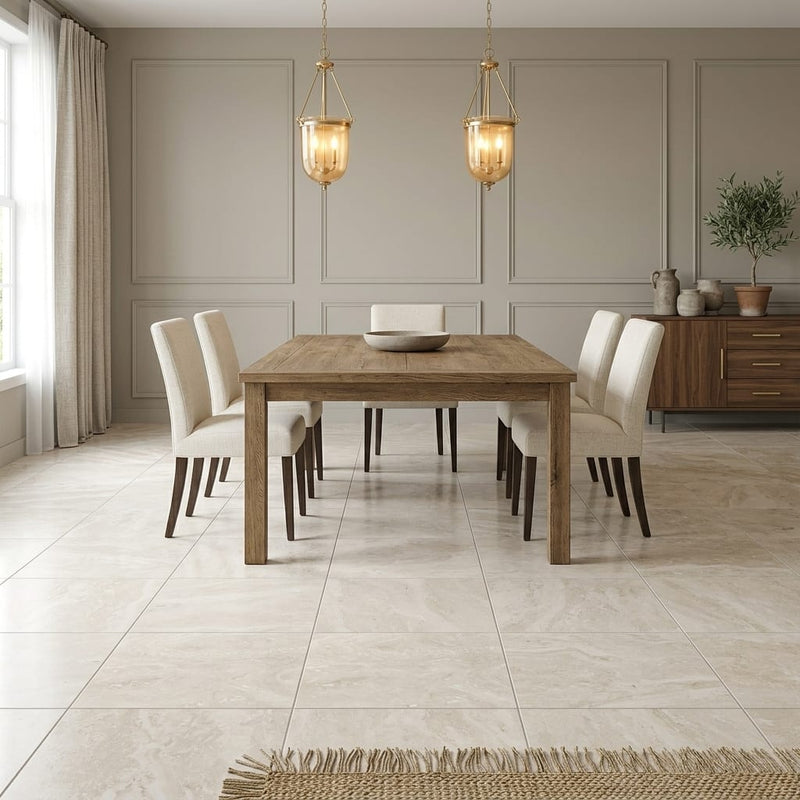 Ivory Travertine Tile 16x16 Honed, Filled — Dining Room floor
