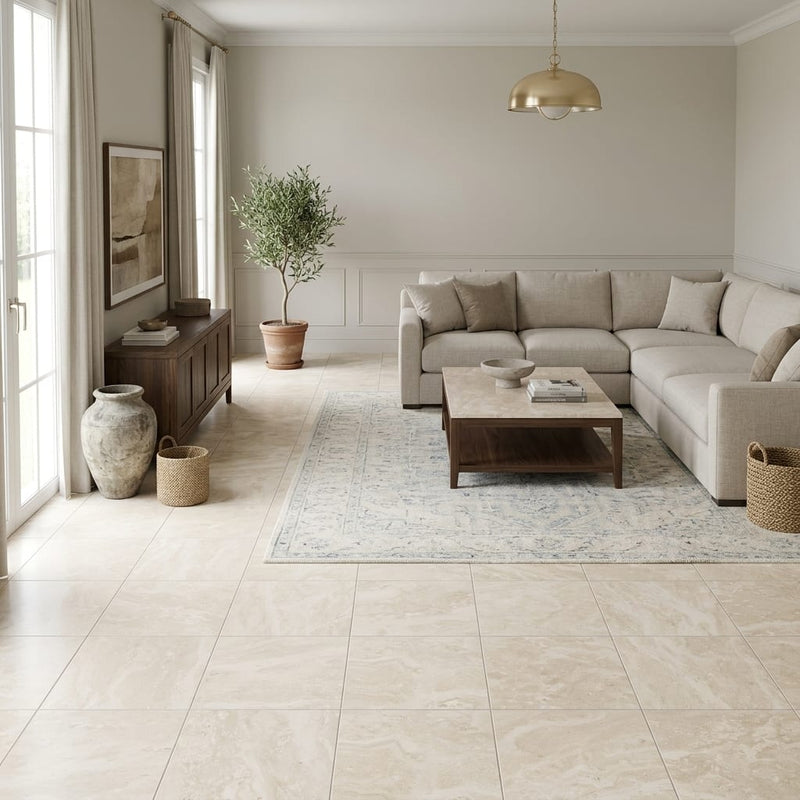 Ivory Travertine Tile 16x16 Honed, Filled — Family Room floor