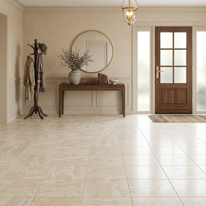 Ivory Travertine Tile 16x16 Honed, Filled — Foyer floor