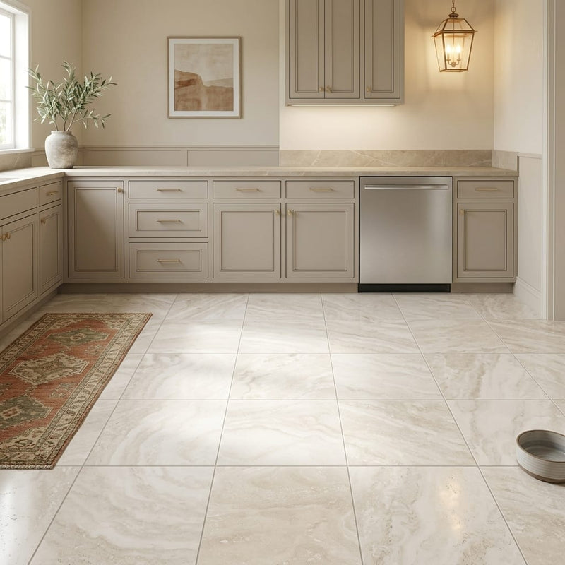 Ivory Travertine Tile 16x16 Honed, Filled — Kitchen floor