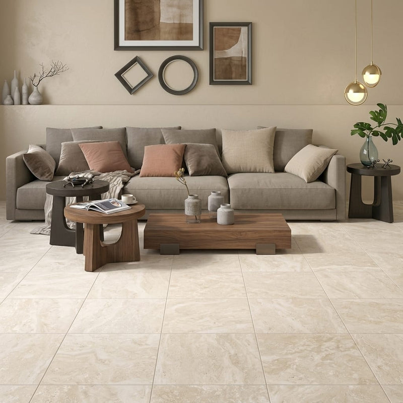 Ivory Travertine Tile 16x16 Honed, Filled — Living Room floor
