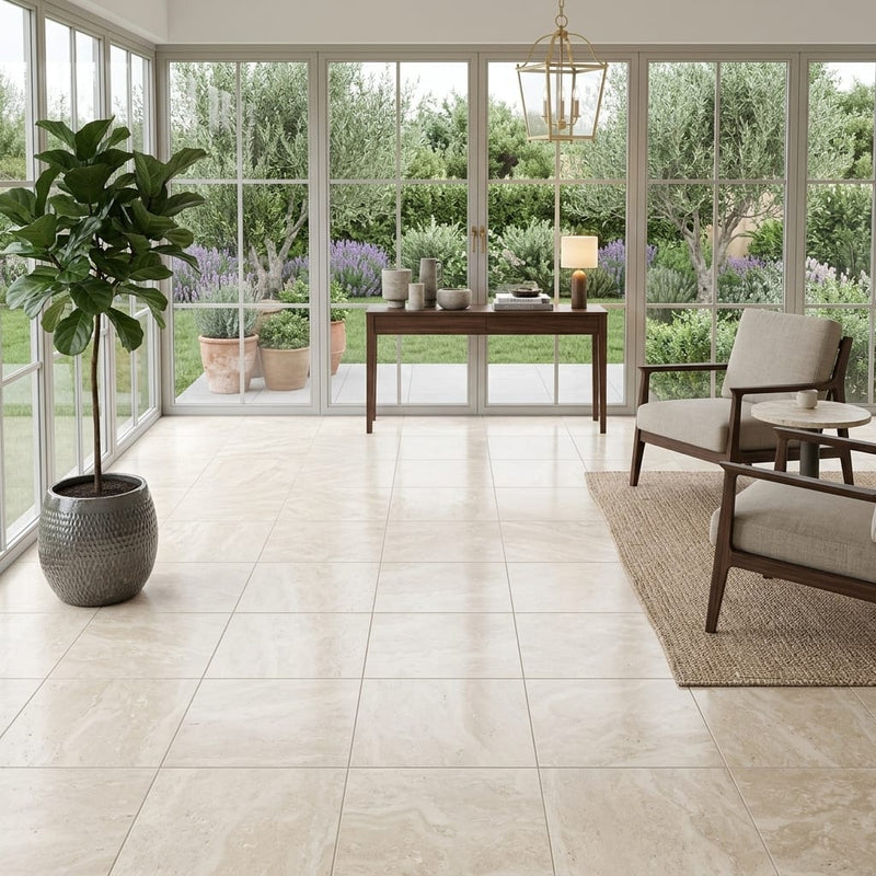 Ivory Travertine Tile 16x16 Honed, Filled — Sunroom floor