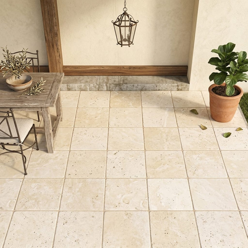 Ivory Travertine Tile 16x16 Tumbled — Covered Patio floor