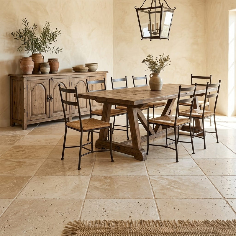 Ivory Travertine Tile 16x16 Tumbled — Dining Room floor