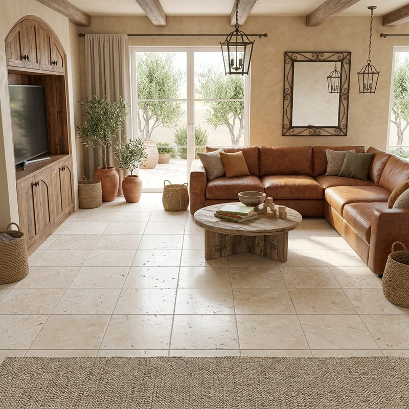 Ivory Travertine Tile 16x16 Tumbled — Family Room floor