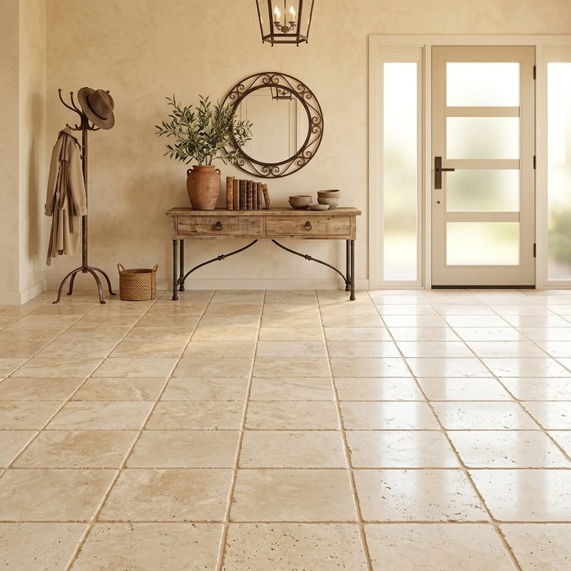 Ivory Travertine Tile 16x16 Tumbled — Foyer floor