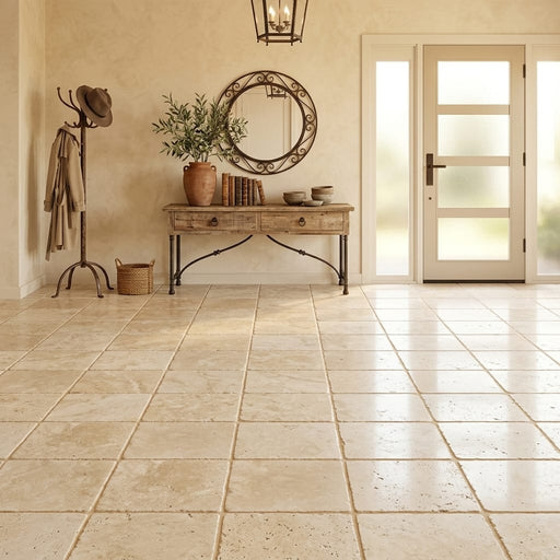 Ivory Travertine Tile 16x16 Tumbled — Foyer floor