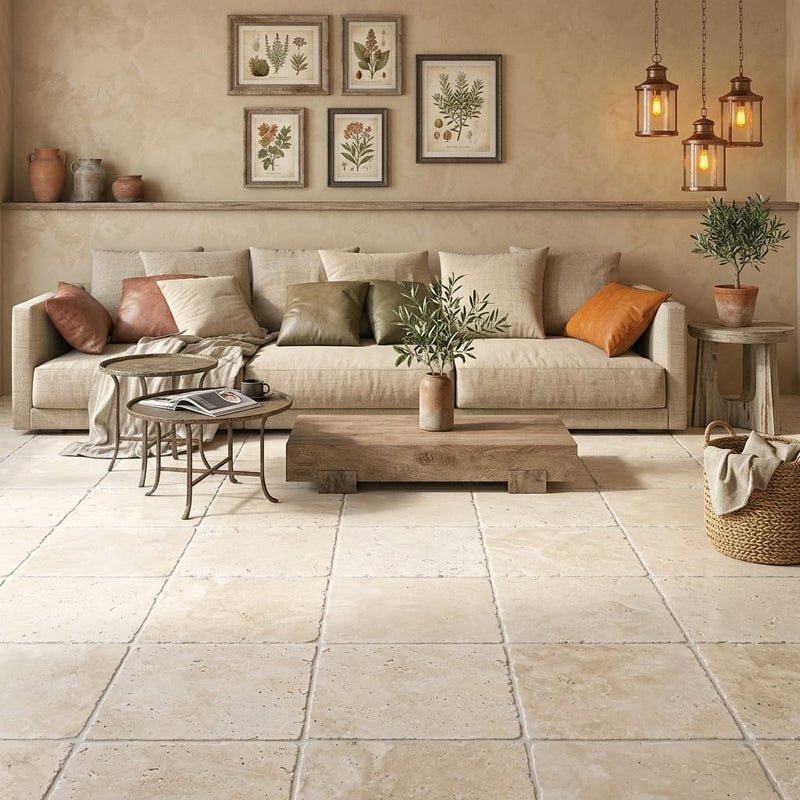 Ivory Travertine Tile 16x16 Tumbled — Living Room floor